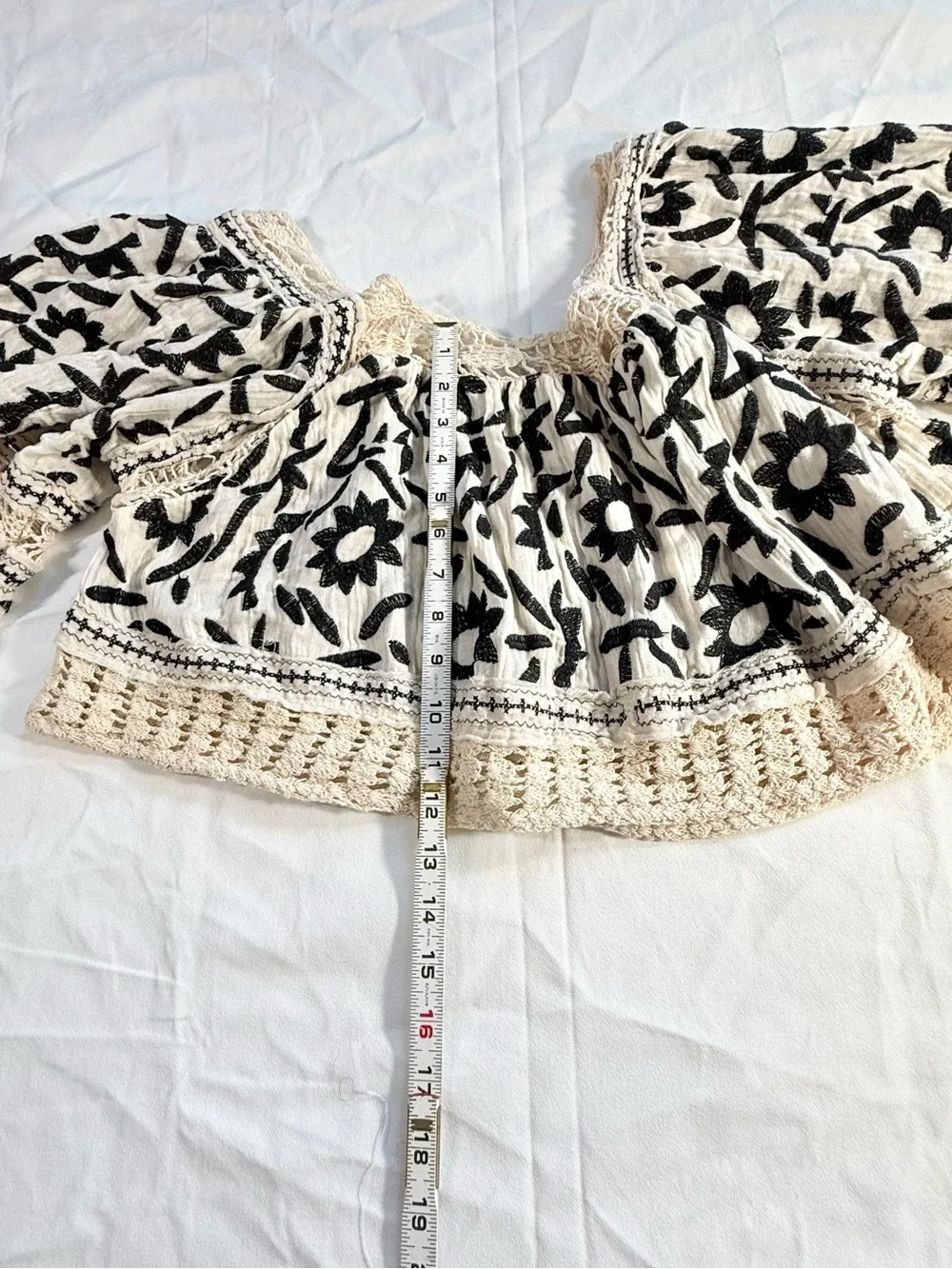 NWT Free People Ivory Black Embroidered Off-Shoulder Crop Top Boho Small
